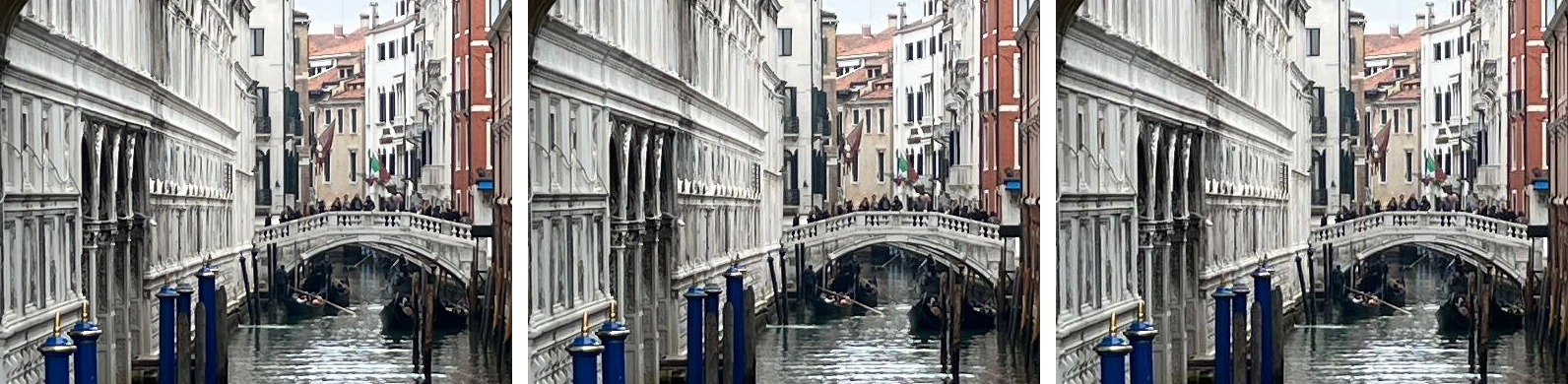 Tres recortes de aspecto idéntico de un canal de Venecia con el Puente de los Suspiros: la foto original, JPEG al 80% y JPEG al 50%