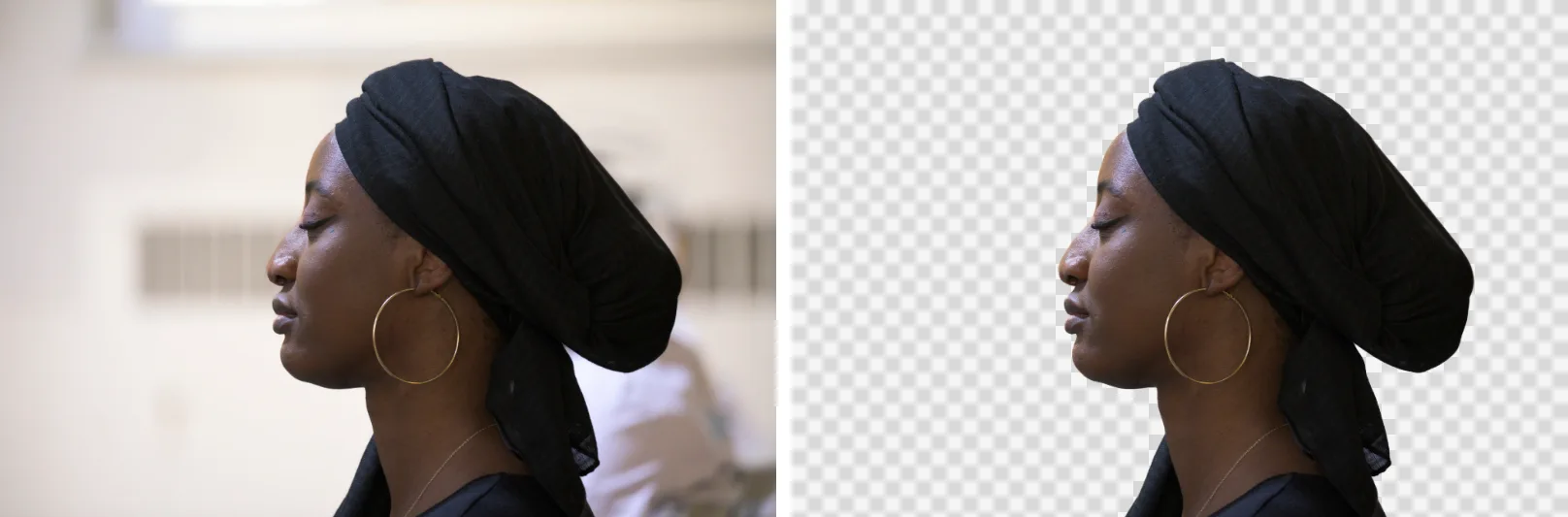 Retrato de una mujer con un pañuelo negro en la cabeza y un pendiente de aro, antes y después de quitar el fondo; el resultado se muestra sobre un fondo de cuadros que indica la transparencia
